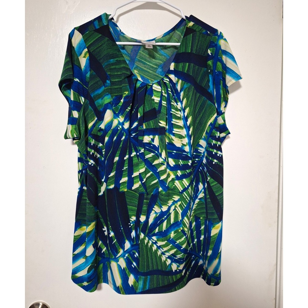 Worthington Woman 3X Short Sleeve Blouse Green Blue Tropical Palm Leaf Pleated